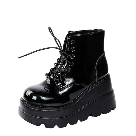 

KBKYBUYZ Women s Shoes Fashion Round Toe Wedge Heel Low-barrel Lace-up Patent Leather Shiny Boots