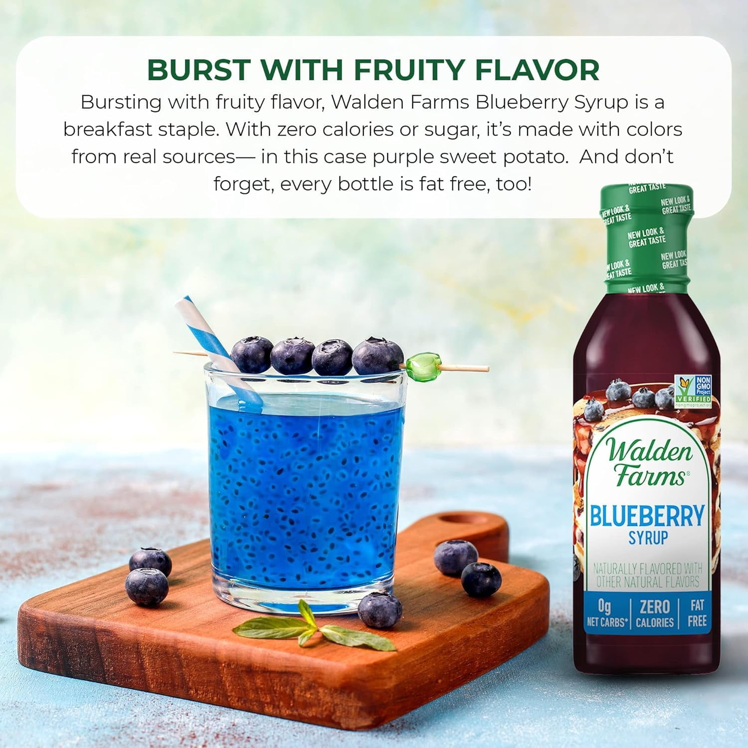 Walden Farms Blueberry Sugar Free Syrup For Pancakes, Waffles, French Toast, And Fresh Pastries, 0G Net Carbs, Calories, Fat, Or Gluten, Kosher Certified, 12 Oz. Bottle, 2 Pack