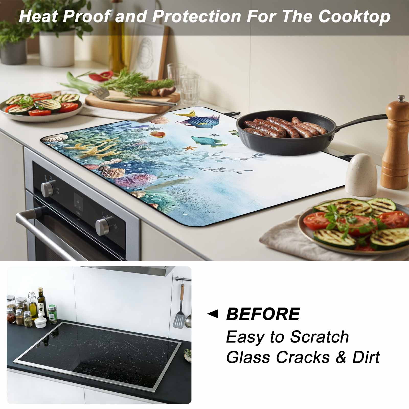 Ocean Coastal Stove Top Cover for Electric Stove, Heat-proof & Non Slip Glass Top Stove Cover Protector, Coral Fish Watercolor Shell Starfish Kitchen Flat Cooktop Rubber Mat 24x21 Inches