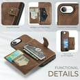 thumbnail image 6 of 2 in 1 Detachable Wallet Back Cover for iPhone 16e, Vintage Premium PU Leather Kickstand Case with Card Holder Pocket & Wireless Charging Slim Phone Cases Cover for iPhone 16e, Brown, 6 of 8
