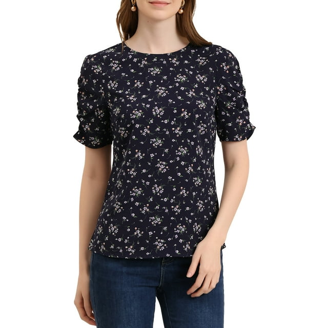INSPIRE CHIC Haut Fleuri Élégant pour Femme à Manches Courtes Froncées Coupe Régulière Bleu Marine TG