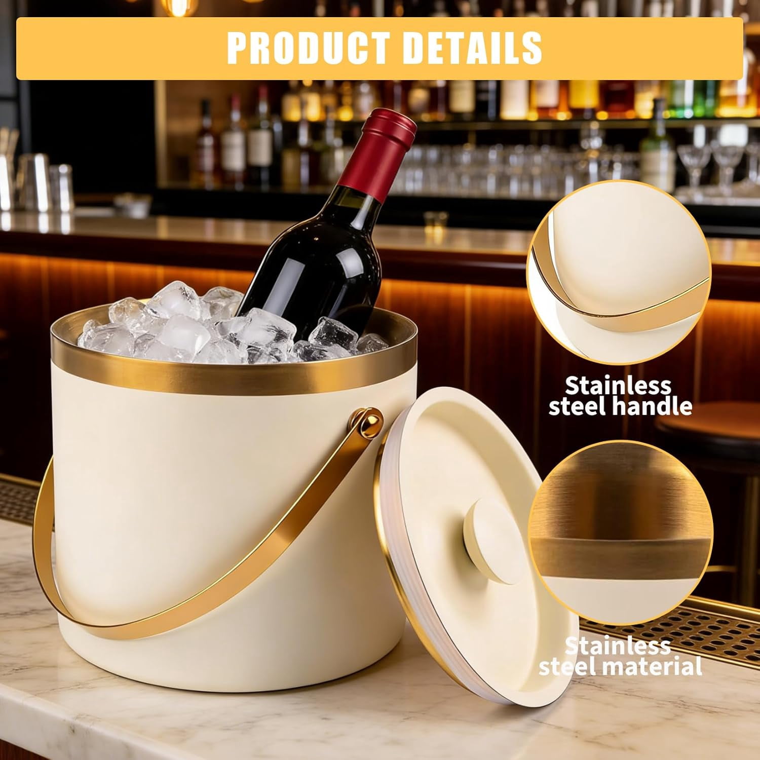 YUSAZENS 3L White Stainless Steel Ice Bucket with Lid, 3-Layer Vacuum Insulated Beverage Cooler, 7.5x7.1in Mirror Finish Ice Tub with Ice Spoon & Drainage for Party Picnic Bar