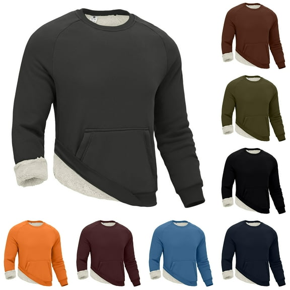 Fshiont Men's Fleece Sweatshirt Sherpa Lined Crewneck Basic Winter Thick Pullover Tops with Pocket Wine L
