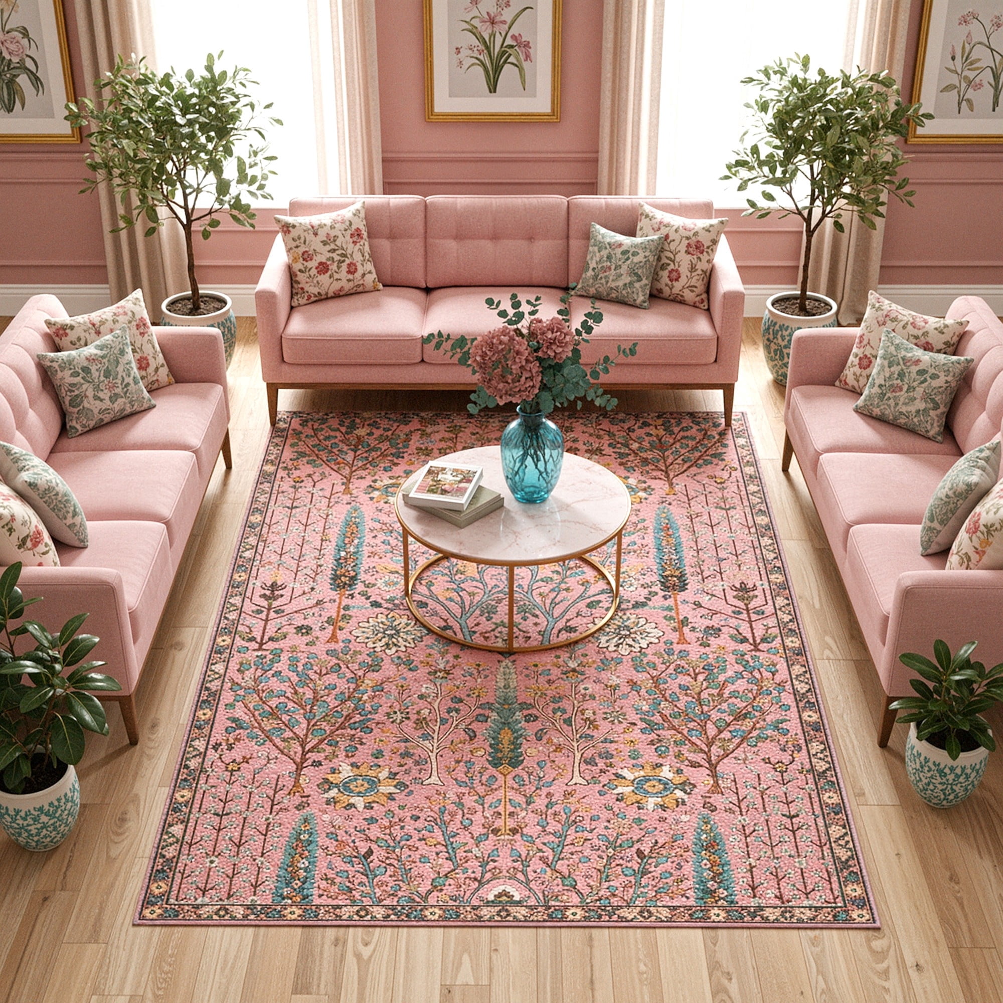 Washable Oriental Rug, 8x10 Dusty pink Boho Botanical Floral Vintage Carpet, Soft Large Indoor Rug for Girls Bedroom, Living Room, Nursery, Playroom