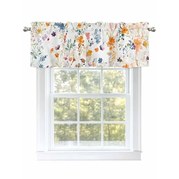 Orange Flower Blue Flower Plant Valances Curtain Kitchen Rod Pocket Short Panels Window Treatment Topper Curtains for Living Bedroom 1 Panel 54x18 inch