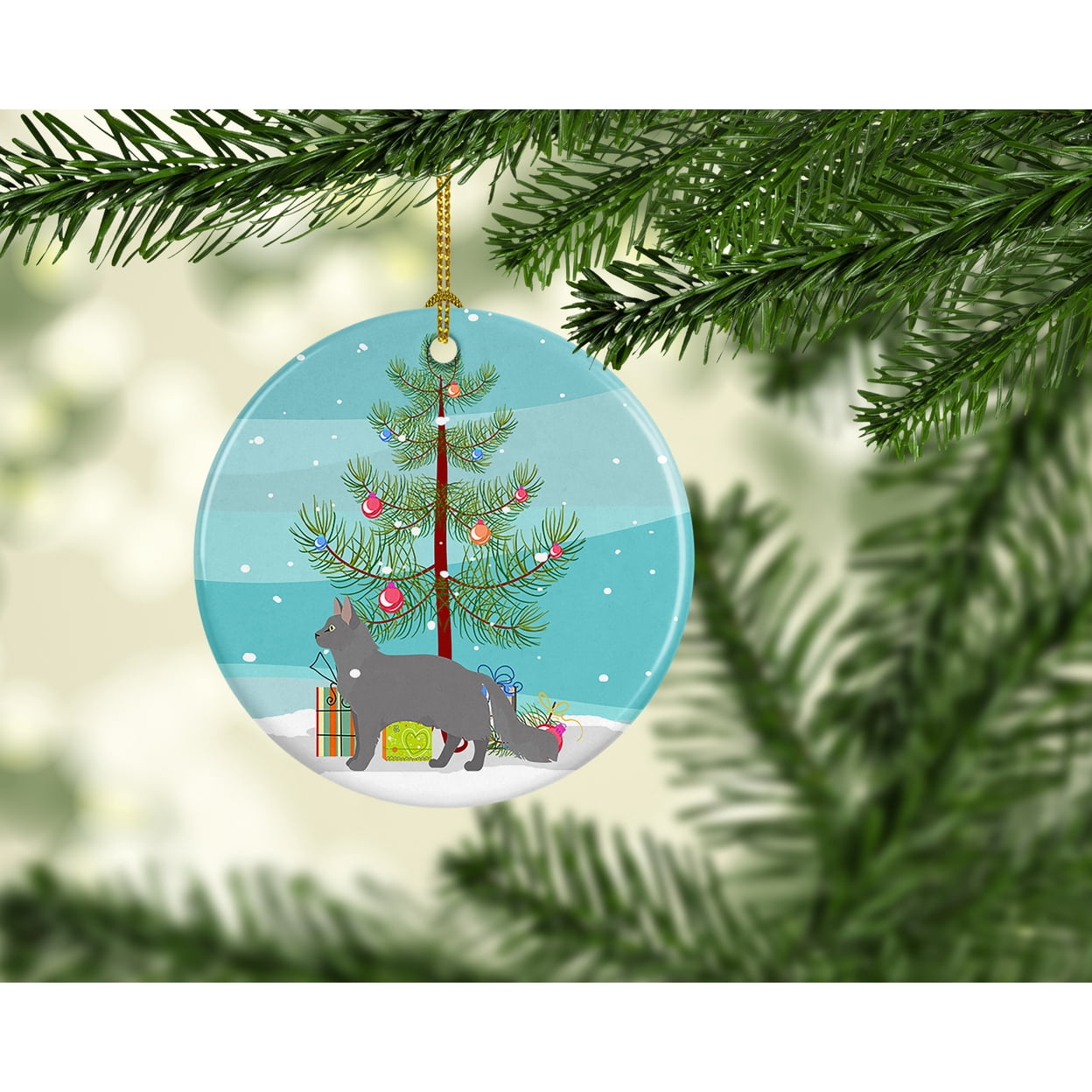 Nebelung #2 Cat Merry Christmas Ceramic Ornament 2.8 in x 2.8 in