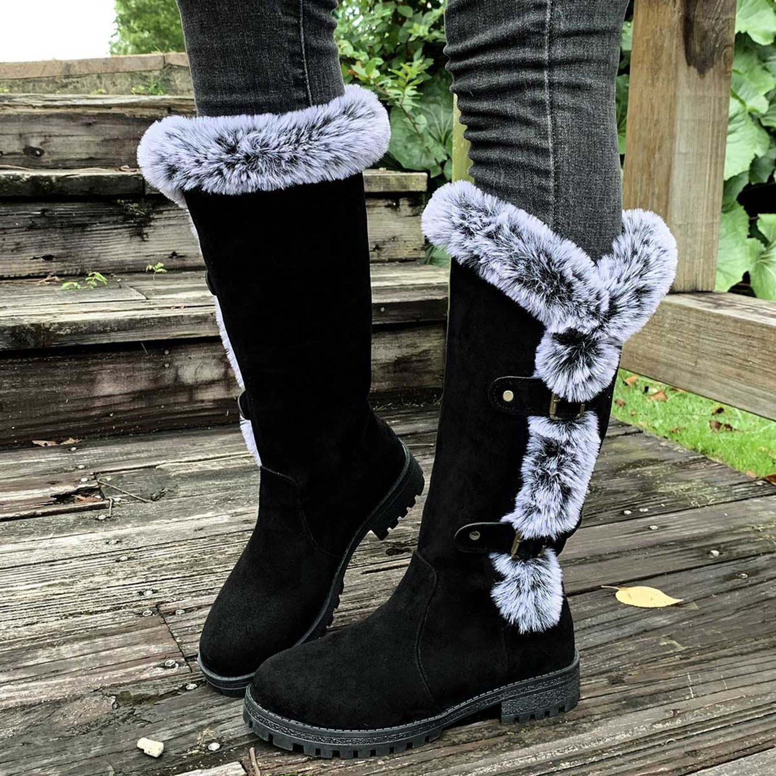 Bottes D'hiver Longues Pour Femme - Doublées Chaudes, Talon Compensé, Style Western Cowboy - Bottes Au-dessus Du Genou En Daim Effet Peluche