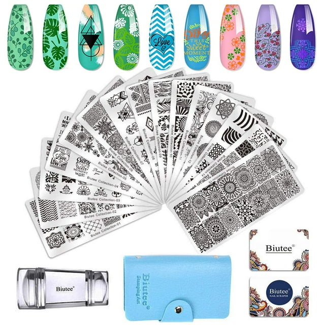Biutee Juego de 19 placas para sellos de uñas, 15 placas, 1 estampador, 2 raspadores, 1 bolsa de almacenamiento, placa de estampado para uñas, juego de estampador, hojas, flores, animales, placa de uñ