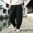 thumbnail image 6 of SAWOBUUN Mens Cotton Linen Harem Pants Loose Fit Wide Leg Elastic Waist Drawstring Breathable Relaxed Fit Beach Trousers, 6 of 6