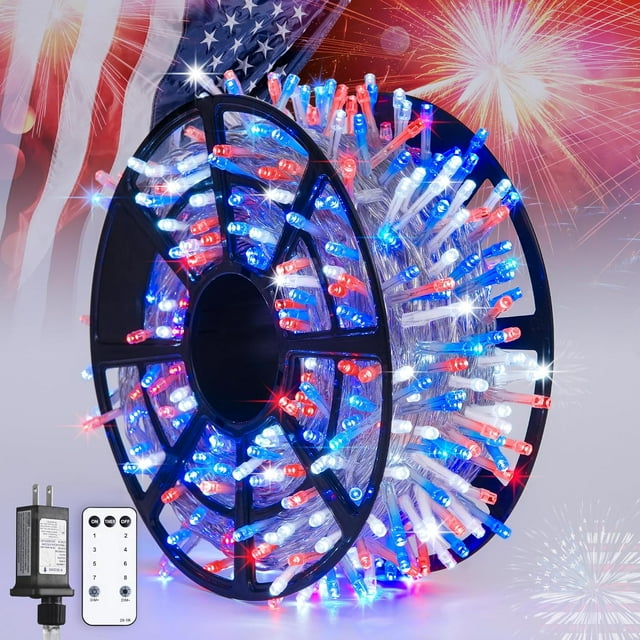 JMEXSUSS 600 Lumières DEL Rouges, Blanches et Bleues pour l'Extérieur à Brancher, Décorations du 4 Juillet Lumières Extérieures pour le Memorial Day Fête Patriotique des Fêtes Américaines Arbre Fête Indépendance Décor du 4 Juillet