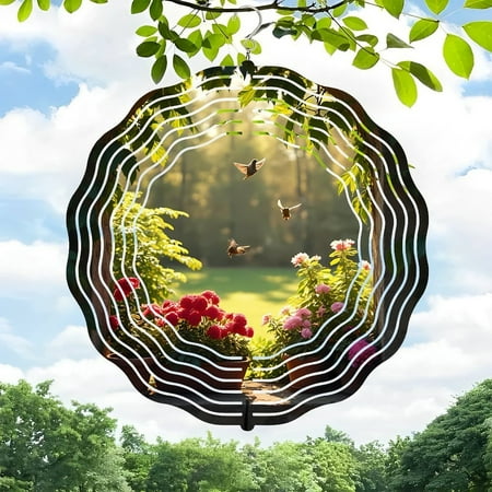 3D Metal Hanging Wind Spinner – Spiral Design with Serene Garden Scene Vibrant Flowers & Birds – Perfect for Yard and Garden Decor