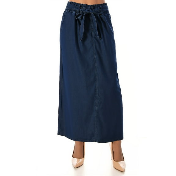 Be-Girl Women's Denim Maxi Skirt with Belt, Dark Blue, Long A-Line, Elastic Waist, Casual - SG-89462