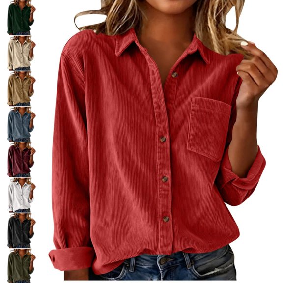 longantii Women Corduroy Button Down Shirt Collared Long Sleeve Chest Pocket Vintage Casual Corduroy Tops Relaxed Fit Fall Winter Daily Shirts