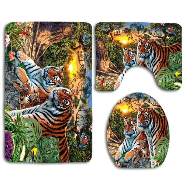 PUDMAD Jungle Tiger and Tigress 3 Piece Bathroom Rugs Set Bath Rug