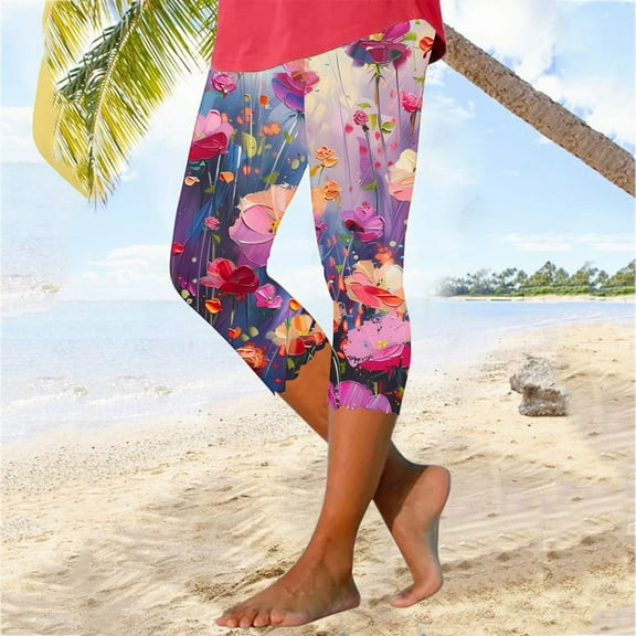Nfurl Floral Print Capri Leggings for Women Boho Summer Vacation Pants Stretchy High Waisted Capris Soft Slim Fitted Yoga Pants Activewear