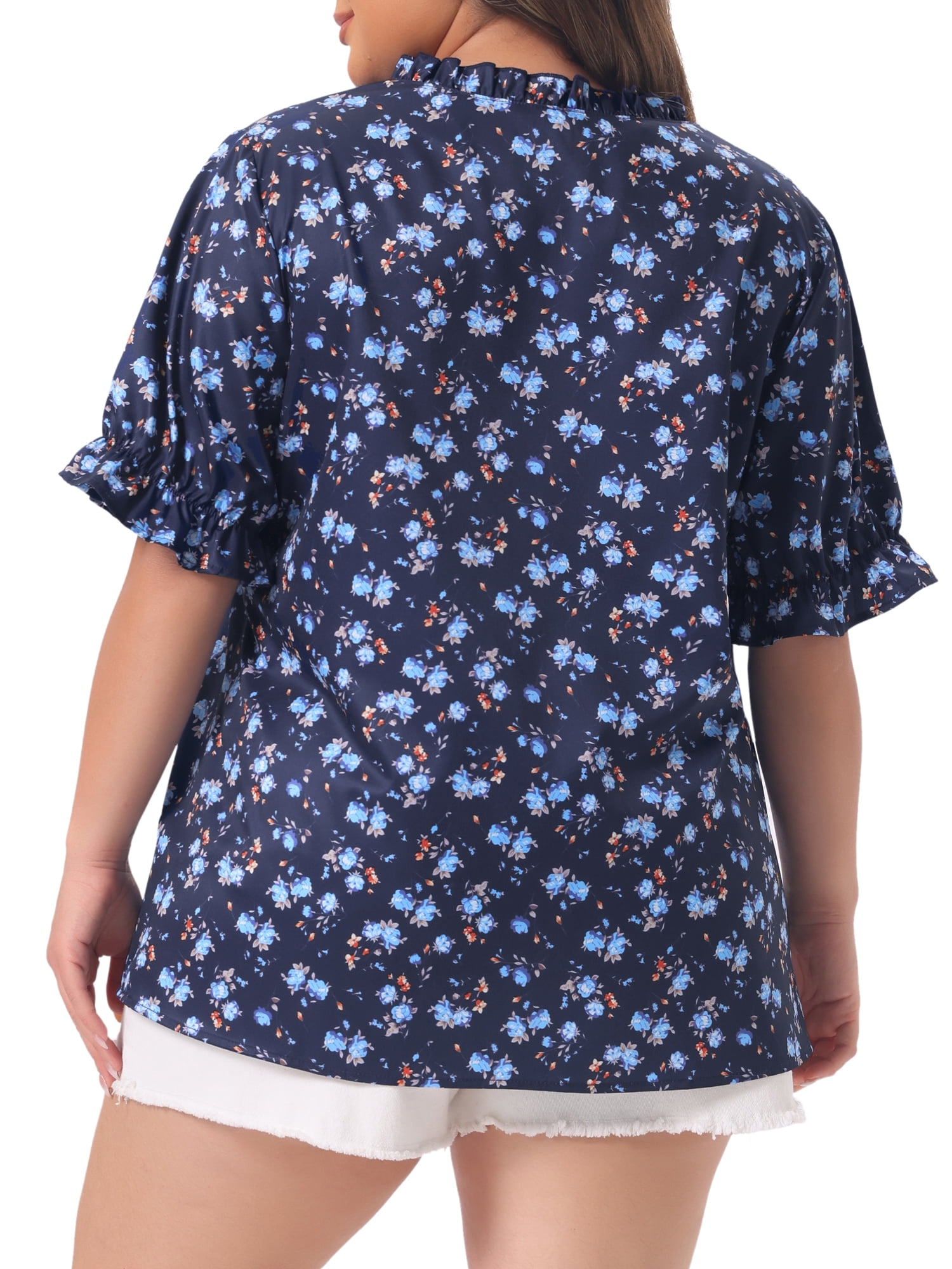 DARING DIVA Women's Plus Tops Floral V Neck Ruffle Puff  Casual Blouse Top 1X Navy Blue