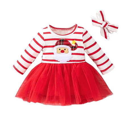 

WTPretty Baby Christmas Long Sleeve Dress Baby Striped Patchwork Mesh Dress