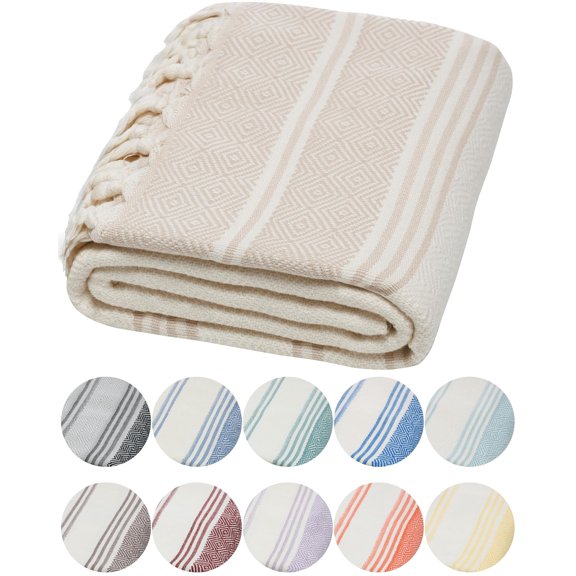 DEMMEX Organic Turkish Cotton Ultra Soft Bath Towel - Luxury Oversized Peshtemal for Bathroom, Bath Sheet - Lightweight Quick-Drying Beach Towel - Prewashed, Diamond Weave, 71x36'', White-Beige