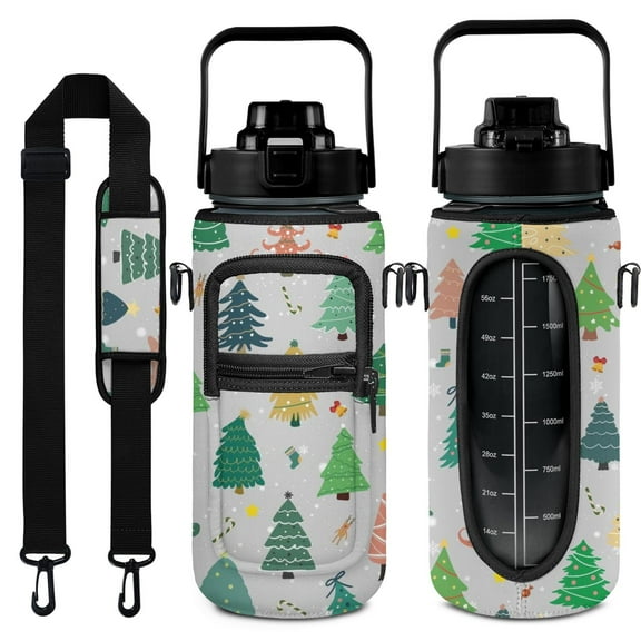 Christmas Trees 64 Oz Water Bottle with Measurements - BPA Free Leakproof Sport Large Plastic Water Bottle with Straw & Time Marker & Insulated Neoprene Holder Carrier Bag Great Gift for Women Men
