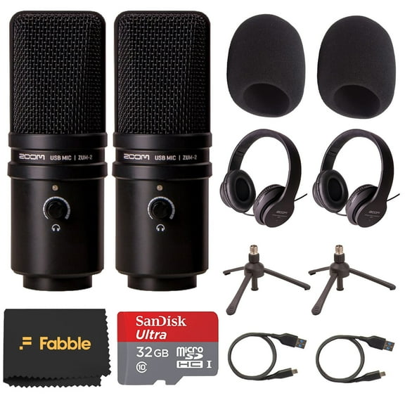 Zoom ZUM-2 Dual Mic Podcasting Bundle – Includes 2 USB Condenser Microphones, 2 Headphones, 2 Tripod Stands, 2 Mic Mounts, 2 Windscreens, 2 USB Cables, 32GB microSDHC Card w/ Adapter & Cleaning Cloth