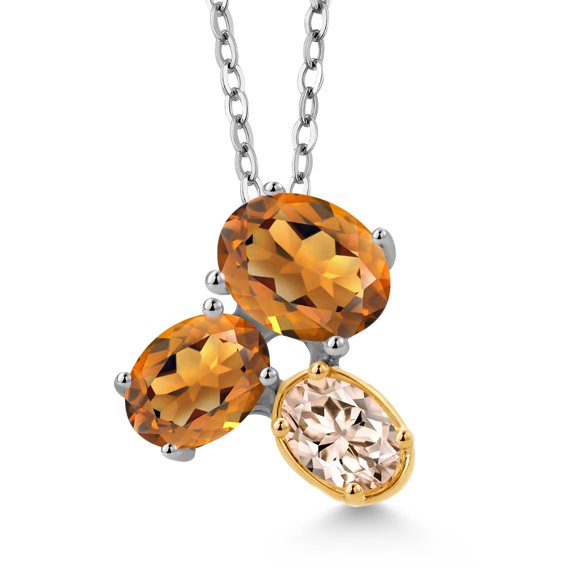 Gem Stone King 925 Silver and 10K Yellow Gold Orange Red Madeira Citrine and Peach Morganite Pendant Necklace for Women (2.30 Cttw, Oval 8X6MM, 7X5MM and 6X4MM, Gemstone, with 18 inch Chain)