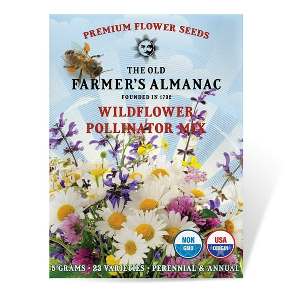 The Old Farmer's Almanac Premium Pollinator Mix Wildflower Seeds - Includes 23 - Non-GMO, Open Pollinated - Columbine Cosmos Foxglove Larkspur Poppy Snapdragon Zinnia - 5 Grams