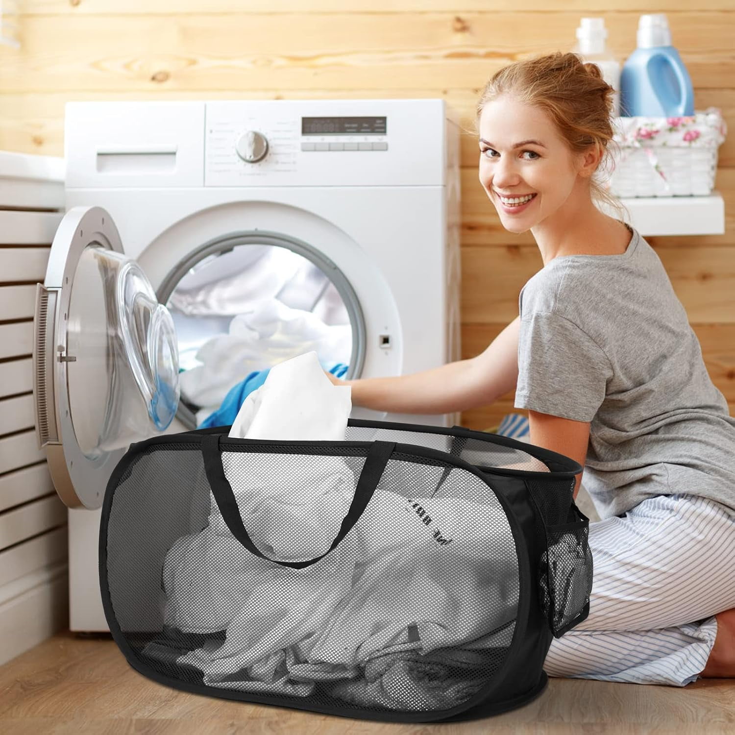 Kiibsot Strong Mesh Pop Up Laundry Basket, Collapsible Laundry Hamper with Side Pocket, Foldable Clothes Hamper with Durable Reinforced Handles for Laundry, Bathroom, Kids Room, Dorm or Travel