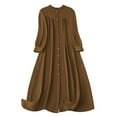 thumbnail image 3 of THDHVS Linen Dress,Dresses for Women,Plus Size Women V Neck Long Sleeve Dress Crinkle Texture Button Front Midi Coffee, 3 of 6