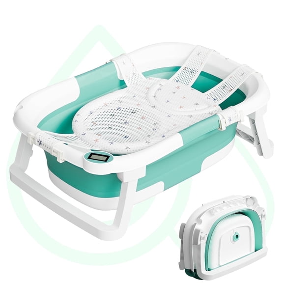 Aprpink Foldable Baby Bathtub PP TPE with Soft Bath Net&Thermometer for 0-36 Months Toddler Turquoise