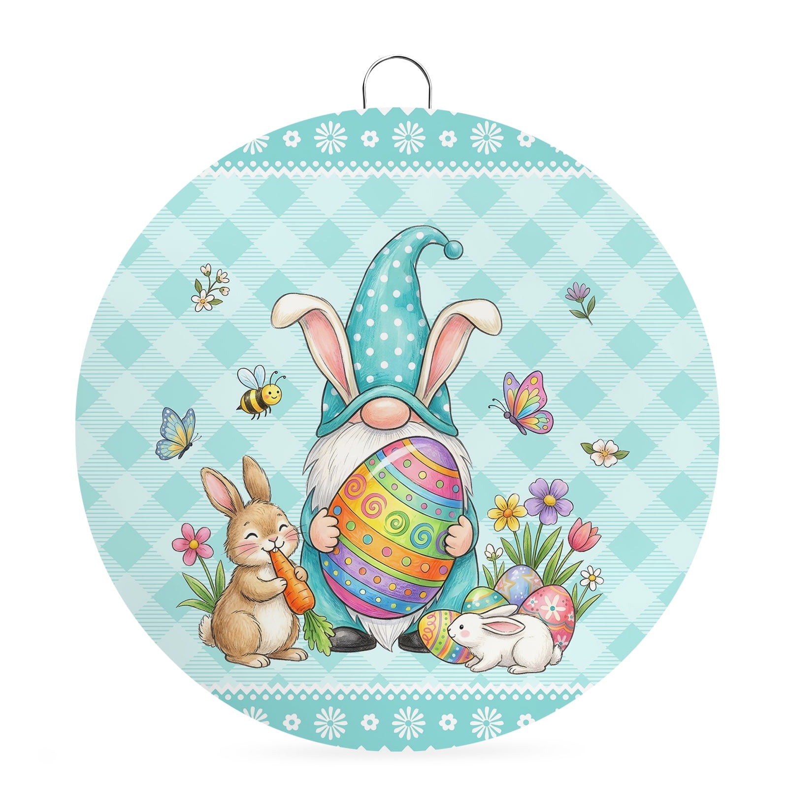 Welcome Sign Front Door Decorations Spring Easter Round Wall Art Outdoor Metal Wreaths Cute Rabbits Gnomes Eggs Bees Flowers Blue Green Seasonal Hanging Sign for Home Porch Decor Warming Gift 8 In
