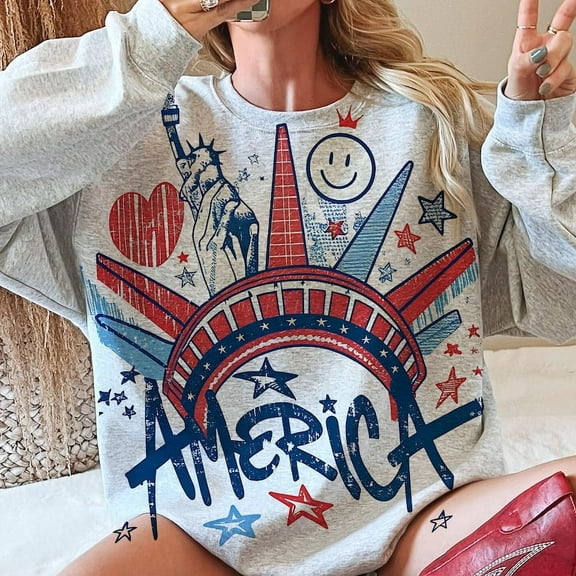 4th of July Graffiti Sweatshirt, Statue of Liberty USA Flag Shirt, Patriotic Red White and Blue Crewneck for July Fourth