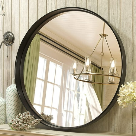 Round Mirror Wall Mounted Bathroom Metal Frame Black 30 IN Black