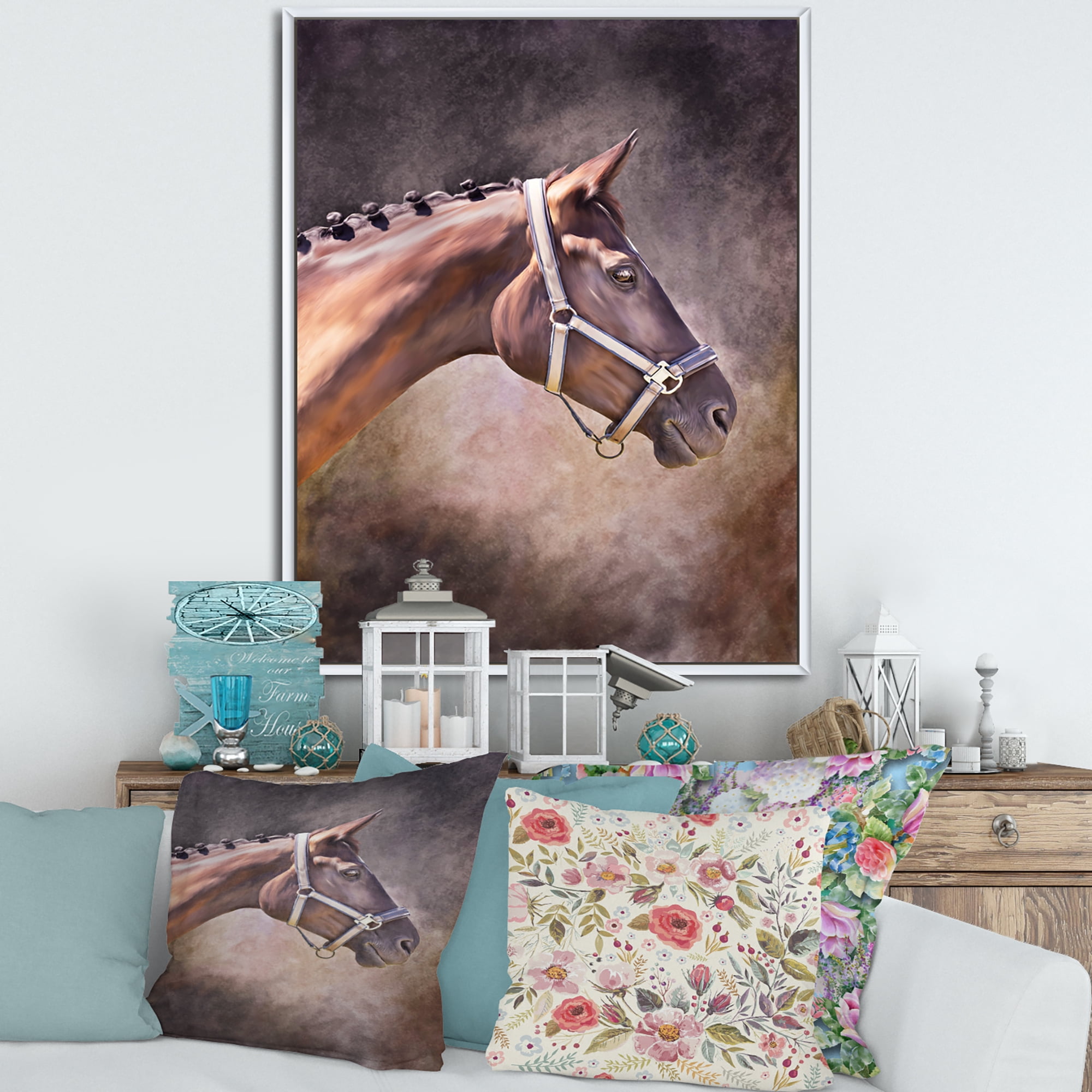 Close Up Portrait Of Brown Horse 24 in x 32 in Framed Painting Canvas Art Print, by Designart