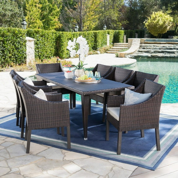 Noble House Alameda 9 Piece Wicker Patio Dining Set in Brown
