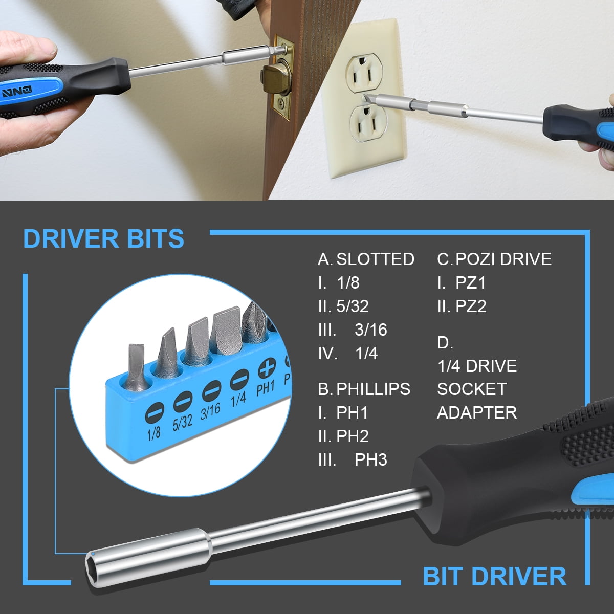DNA Motoring TOOLS-00013 Blue 46 PCs Home Tool Set Electonic Repair Precision Screwdriver Voltage Tester Hammer Plier DIY Kit