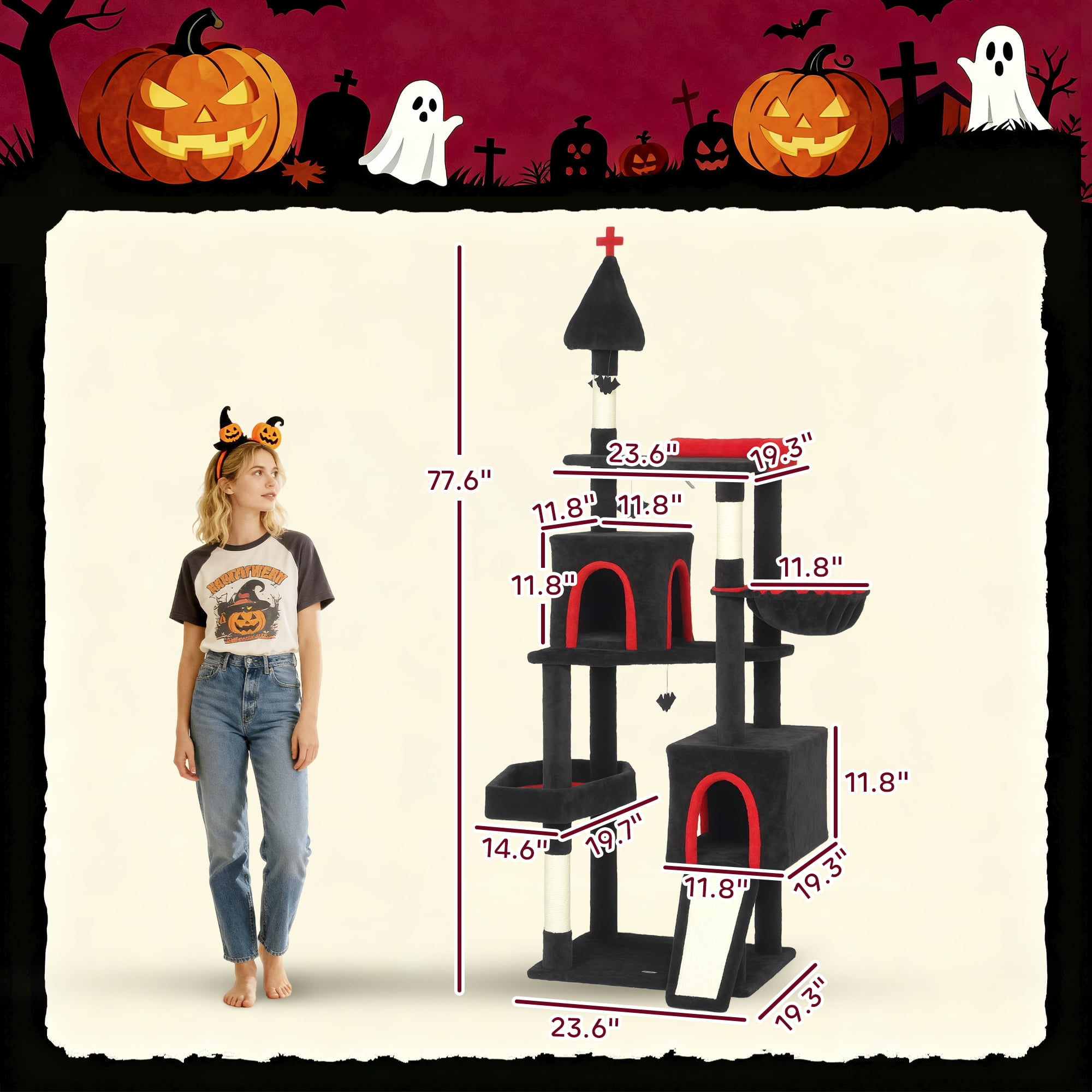 ZephyPaws 78in Gothic Cat Tree ,Tall Cat Tower for Indoor Cats with Top Perch,Spacious Cat Condos,Bat Hanging Balls,Comfy Hammock,Scratching Post and Ladder,Black