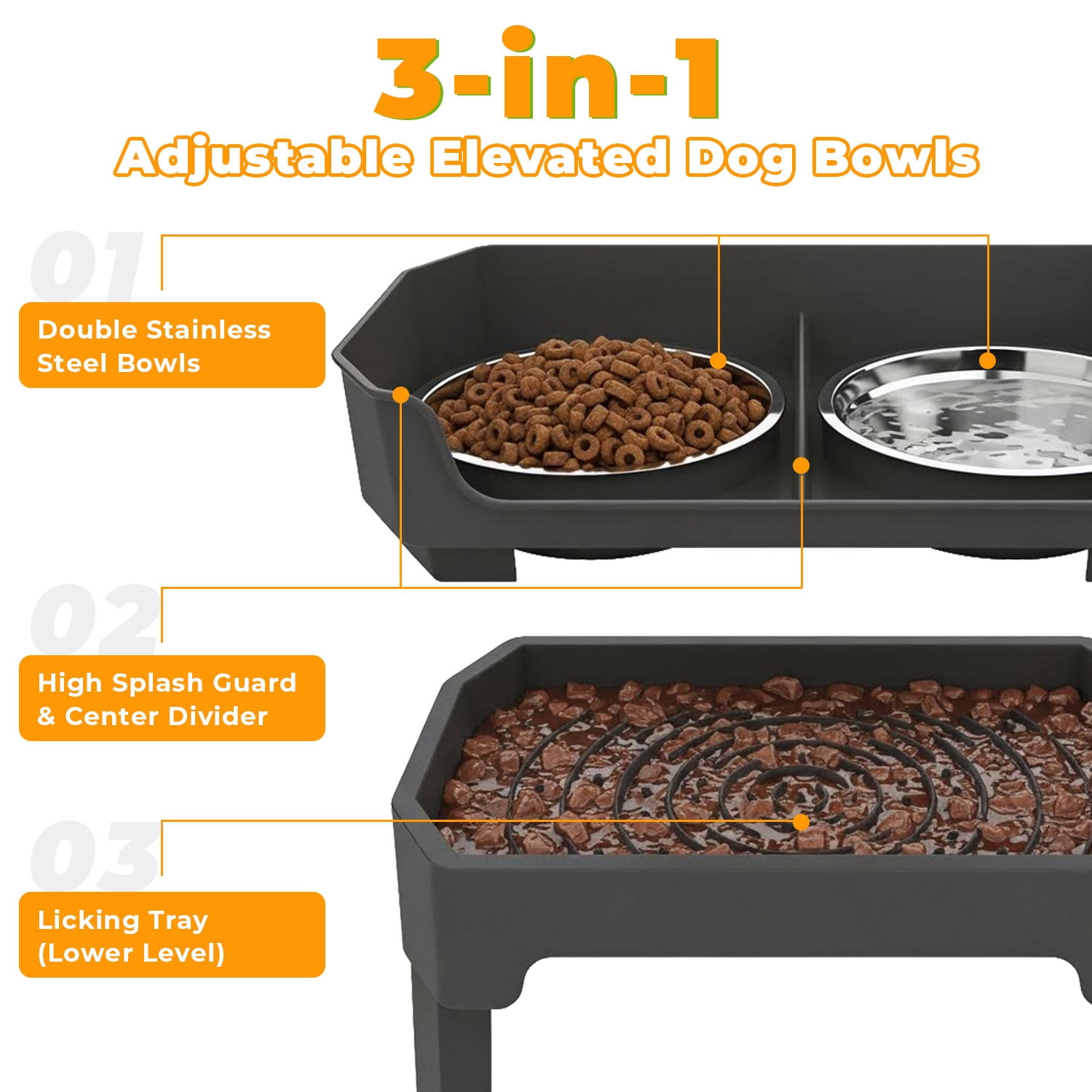 Adjustable Elevated Dog Bowls with Stand, 4 Height Settings, Double Stainless Steel Bowls with Raised Splash Guard, Feeding Station with Licking Tray