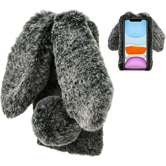 Rabbit Case for Samsung Galaxy A53 5G, Cute 3D Bunny Ears Soft Furry Hairball Fuzzy Winter Warm Faux Fur Plush Fluffy Flexible TPU Bumper Women Girls Protective Skin Cover - Black