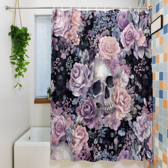 Shower Curtain, Watercolor Skull Flower Leaves Waterproof Polyester Fabric Bath Curtain with Hooks for Bathroom Bathtub Stalls, Halloween Horror Bone 36x72IN