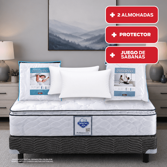 Colchón + Box Spring Air Queen Size City + 2 Almohadas Sc + Protector Ensueño + Juego de Sabanas Ensueño