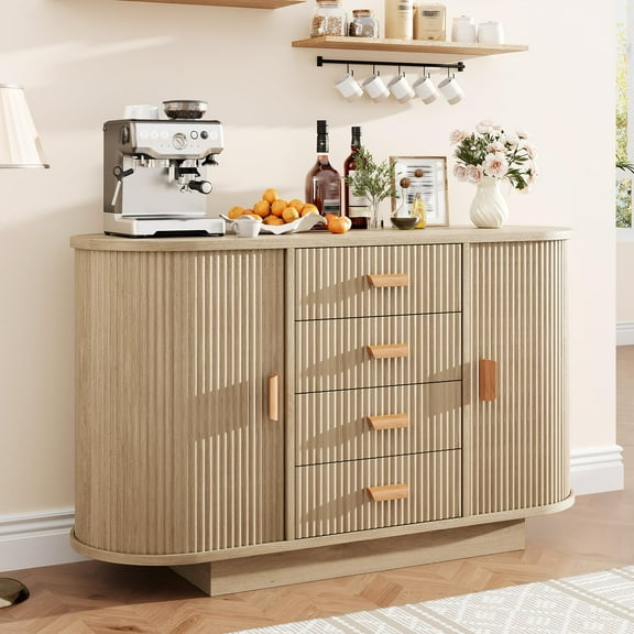 47" Fluted Sideboard Storage Cabinet, Credenza Kitchen Buffet Table with 4 Drawers and 2 Arched Sliding Doors, Modern Media Console Table Coffee Bar with Storage for Dining Living Room