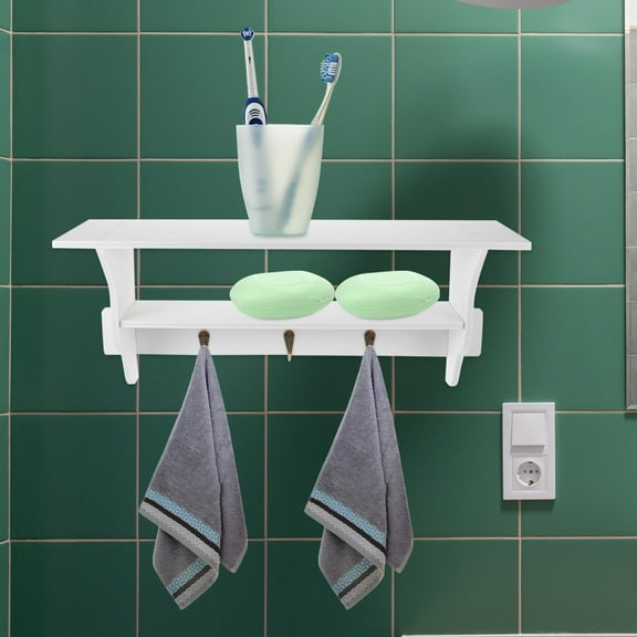 Soimiss White Wall Mounted Floating Shelf with Hooks Modern Storage Rack for Living Room