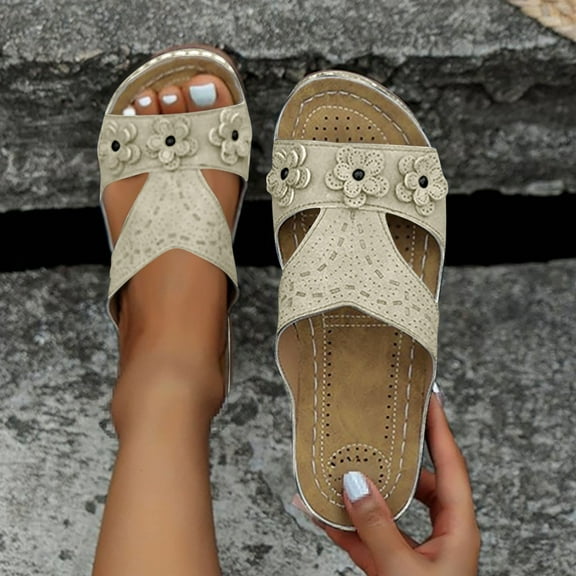 Sandals For Women 2025 Wedge Heel Open Toe Slip-on Peep Toe Slides Sandals Slippers Women Dressy Comfortable Summer Casual Sandals Beige 36