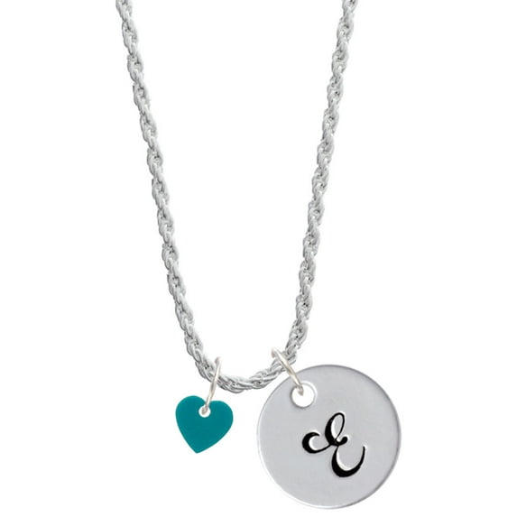 Delight Jewelry Acrylic 5/16" Teal Heart Silvertone Script Initial Disc - E - Charm Necklace, 20"+3"