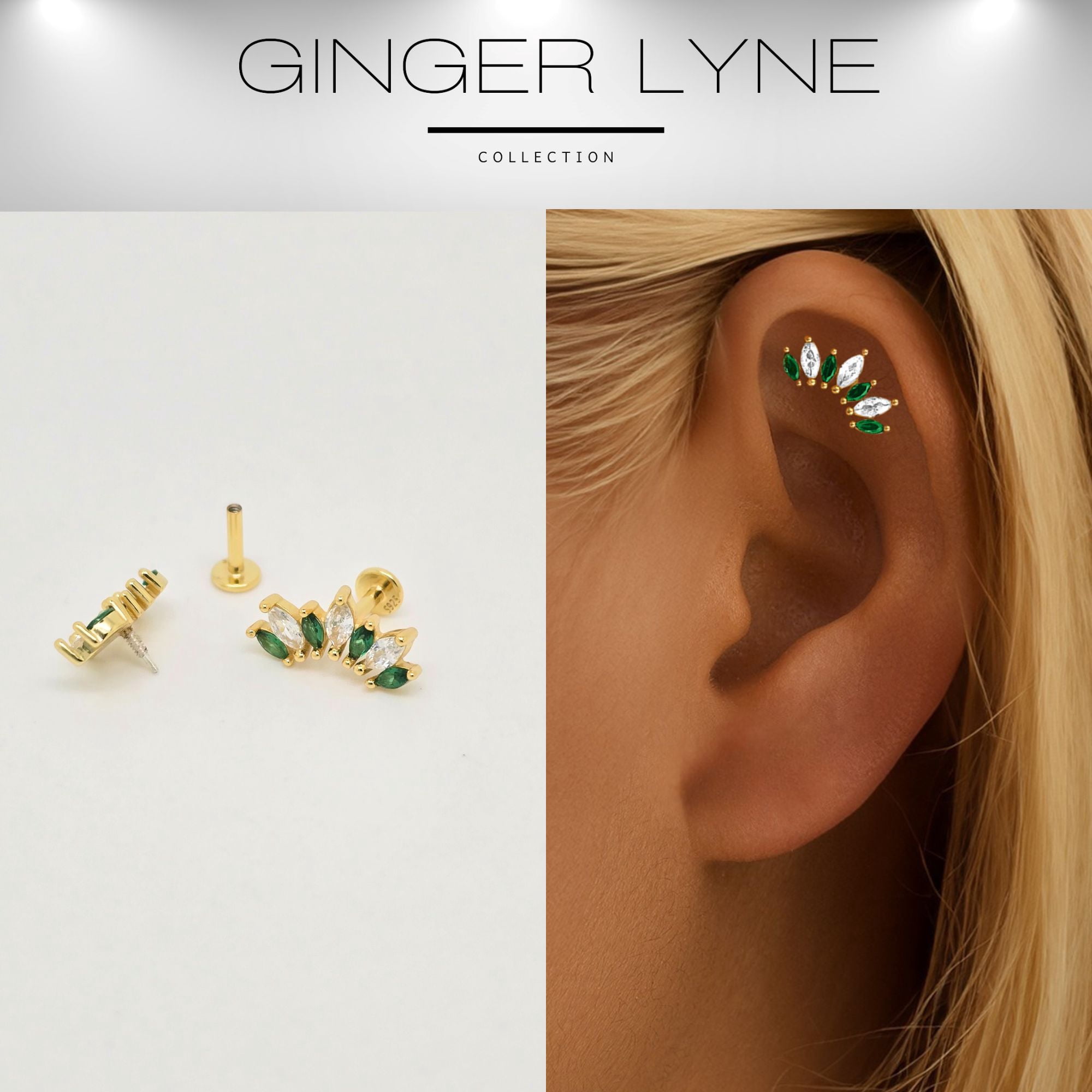 Green Marquise CZ Flat Back Earrings for Cartilage Upper Lobe Gold Plated Sterling Silver 1 pair by Ginger Lyne