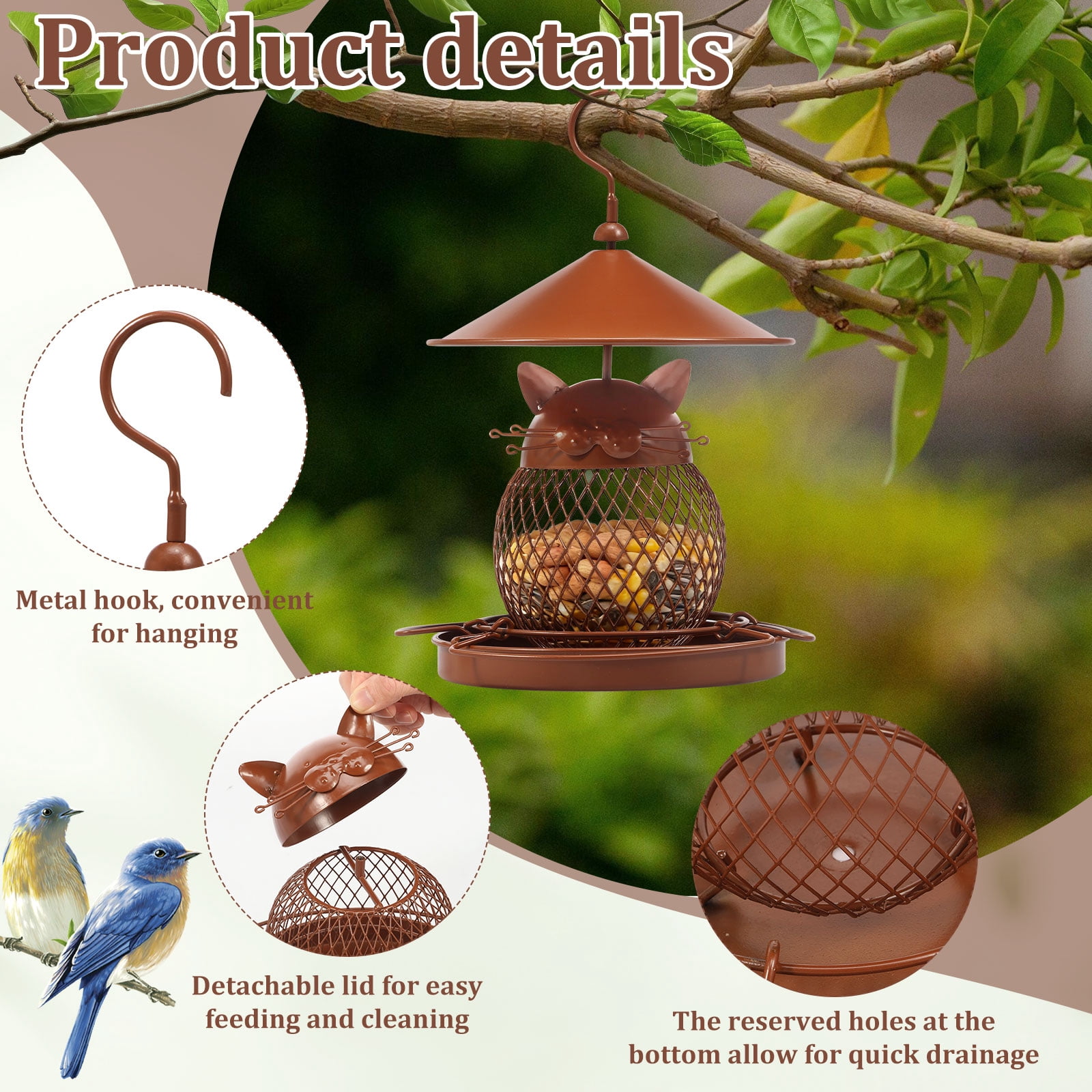 Austok Bird Feeder for Outdoor Squirrel Proof Metal Wild Bird Feeder Decoration for Hanging Outside Garden Yard Cute Cat Shaped