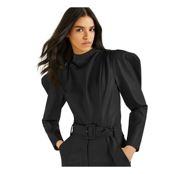 CULPOS X INC Womens Black Faux Leather Zippered Faux Fur Exaggerated-sleeve Party Bodysuit M