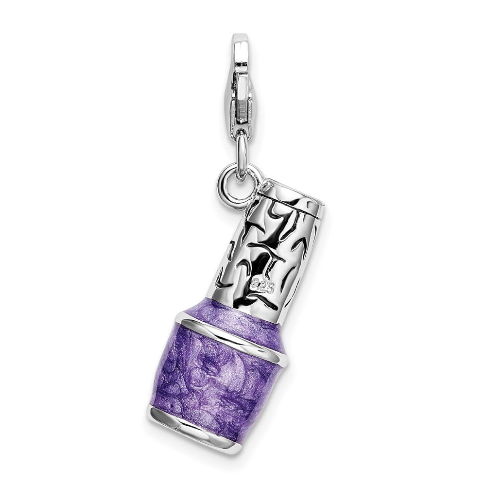 Auriga 925 Sterling Silver 3-D Enameled Purple Nail Polish Bottle Charm w/Fancy Lobster Clasp