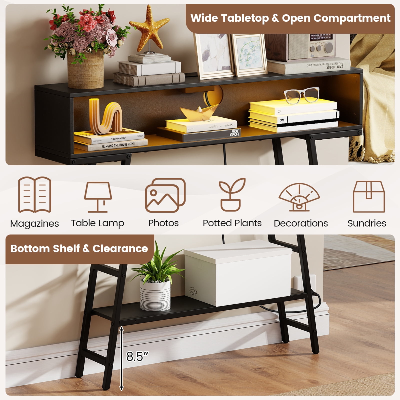 Gymax 40'' Console Table w/ Power Strip 3-Tier Entryway Table w/ RGB LED Lights Black