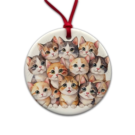 Sweet Munchkin Cats Christmas Tree Holiday Round Ceramic Ornament